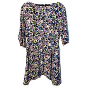 Rio Floral Shark Bite Mini Dress Women’s XL Multi Color V-Neck Rushed Sides.